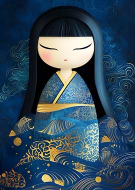 Kokeshi Doll in Blue and Gold