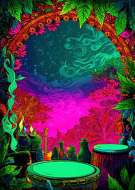 Psychedelic Music Scene with Lush Foliage