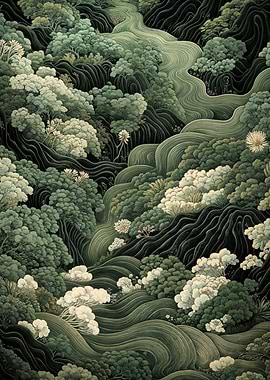 Japanese Forest Wall Art Maximalist Print Sage Green Wabi Sabi Painting japandi Art chinoiserie poster