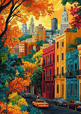 Autumn Cityscape with Colorful Buildings