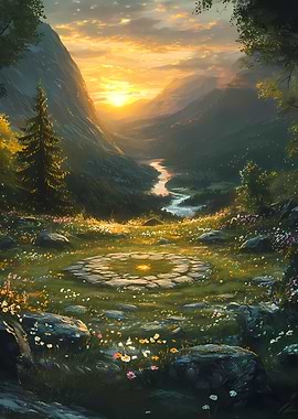 Mountain Valley Landscape with Stone Circle