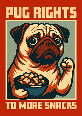 Pug Rights to More Snacks Cute Funny Propaganda Style Poster Art Illustration