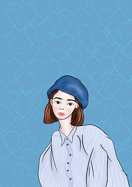 Stylish Girl in Blue – Fashion Portrait Illustration with Heart Pattern
