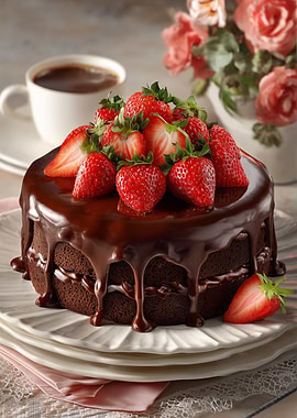 Chocolate Cake with Strawberries and Coffee