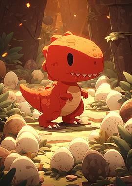 Cartoon Dinosaur with Eggs in Forest