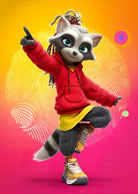 Cartoon Raccoon with Dreadlocks and Sneakers