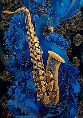 Golden Saxophone with Blue Peacock