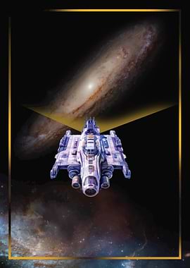 Spaceship in front of a galaxy