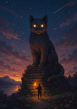Giant Cat Statue at Night