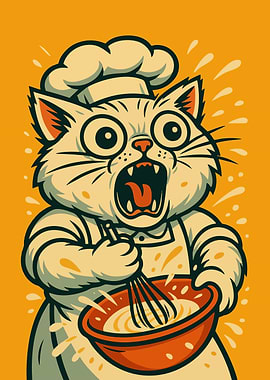 Funny Energetic Cat Chef Vintage Retro Cartoon Character Art Illustration