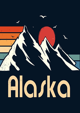Alaska Mountain Sunset Retro Illustration