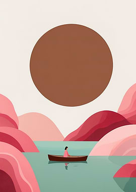 Serene Landscape with Woman in Boat and Abstract Sun – Minimalistic Nature Art Print