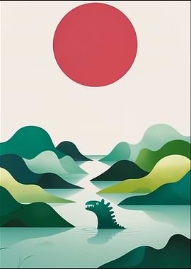 Playful Monster Emerging from Calm Waters – Minimalist Nature Art with Bold Sun