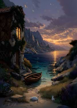 Coastal Sunset with Boat and Swans