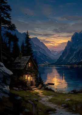 Lakeside Cabin at Dusk