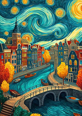 Amsterdam Canal Starry Night Painting