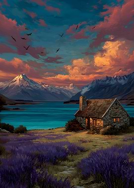 Stone Cottage by Lake at Sunset