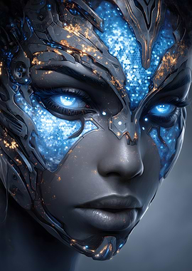 Cybernetic Woman with Glowing Blue Eyes