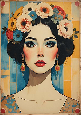 Art Nouveau Woman Floral Crown Portrait