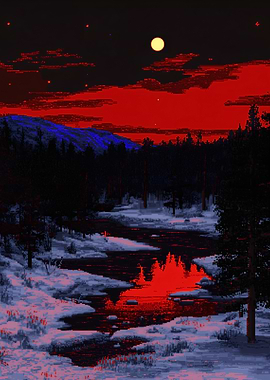 Pixelated Night Landscape with River