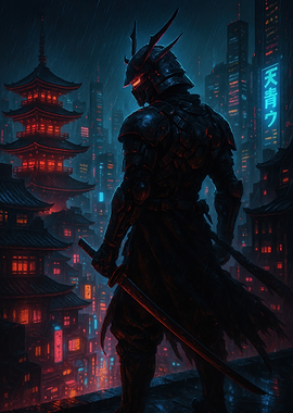 Cyberpunk Samurai in Rainy Cityscape