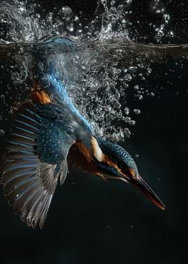 Kingfisher Diving into Water