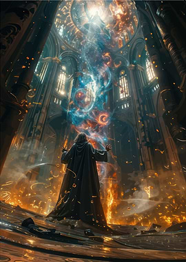 Wizard casting spell in cathedral