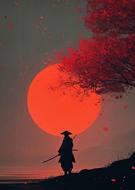Samurai Silhouette Under Red Sun