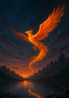 Fiery Phoenix Rising Over Lake