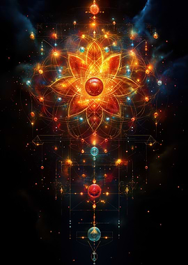 Abstract Floral Mandala with Cosmic Elements