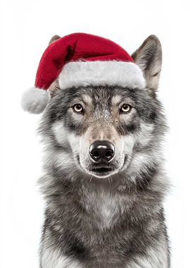 Wolf wearing a Christmas Santa hat