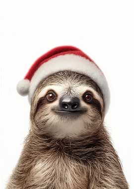 Christmas Sloth with Santa Hat Portrait