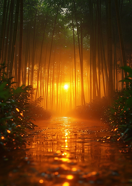 Golden Light in Forest Path