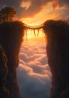 Sunset Bridge of Vines Between Towering Cliffs