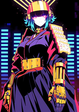 Cyberpunk Anime Warrior with Neon Background