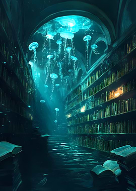 Underwater Library with Jellyfish