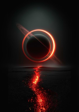 Fiery Ringed Planet over Lava Field