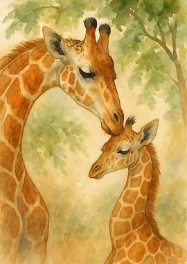 Watercolor Giraffe Mother and Baby