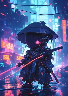 Cyberpunk Samurai with Neon Swords