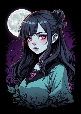 Gothic Anime Girl with Moonlit Background