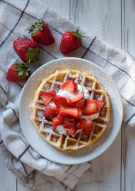 Waffle with Strawberries and Whipped Cream