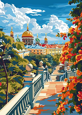 Cityscape with Cathedral and Autumn Foliage