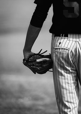 Baseball Player with Glove in Black and White