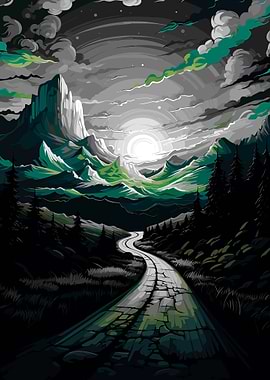 Mountain Road Landscape with Cloudy Sky