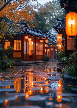 Rainy Asian Street with Lanterns