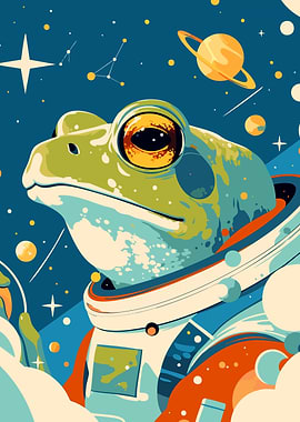 Astronaut Frog in Cosmic Space Funny Animal Art Illustration
