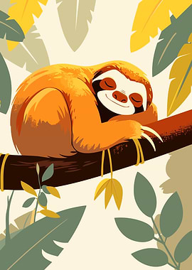 Cute Sleeping Sloth on Branch Minimalist Art Illustration