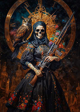 Santa Muerte with Owl and Rifle