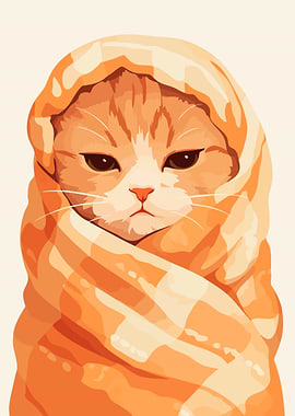 Funny Cozy Kitten Cat in Blanket Minimalist Art Illustration