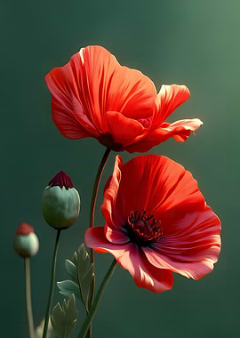 Red Poppies on Green Background